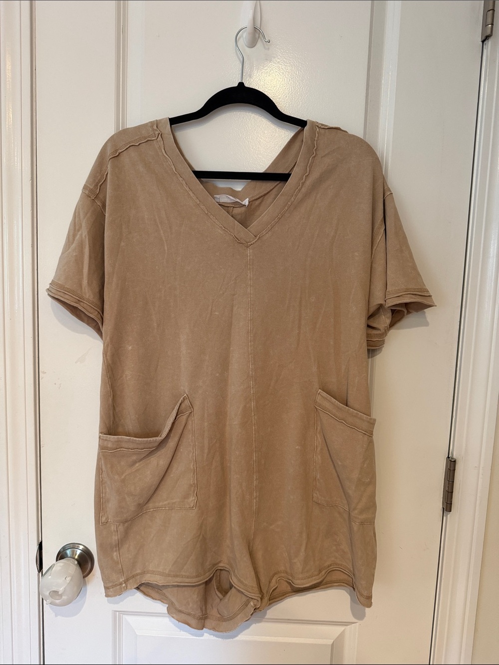 Talulah V-Neck Short Sleeve romper with Pockets - Tan